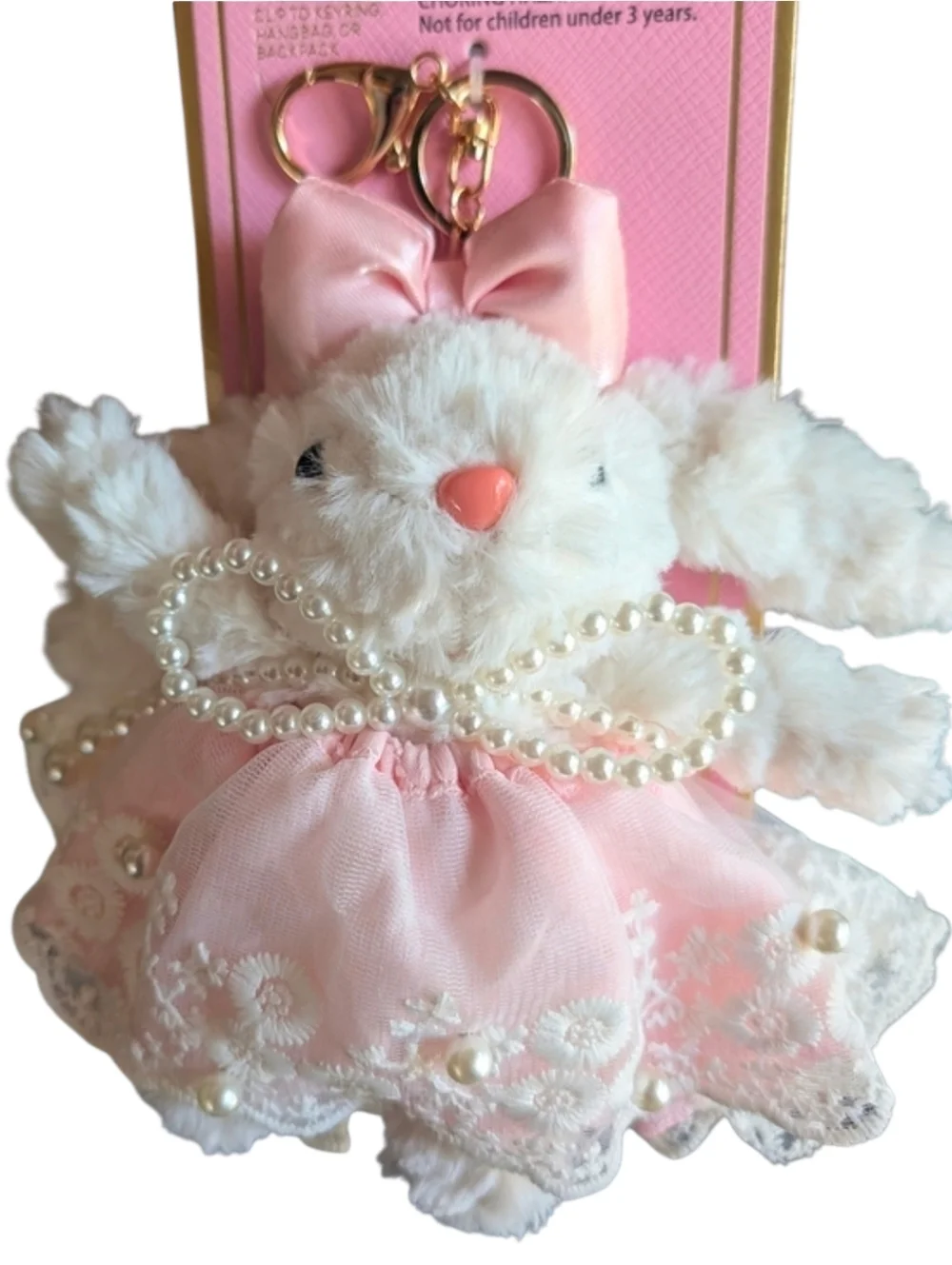 💕▪️Piper K ▪️Plush Bunny Keychain Card Holder in Pink with Pearl Bow